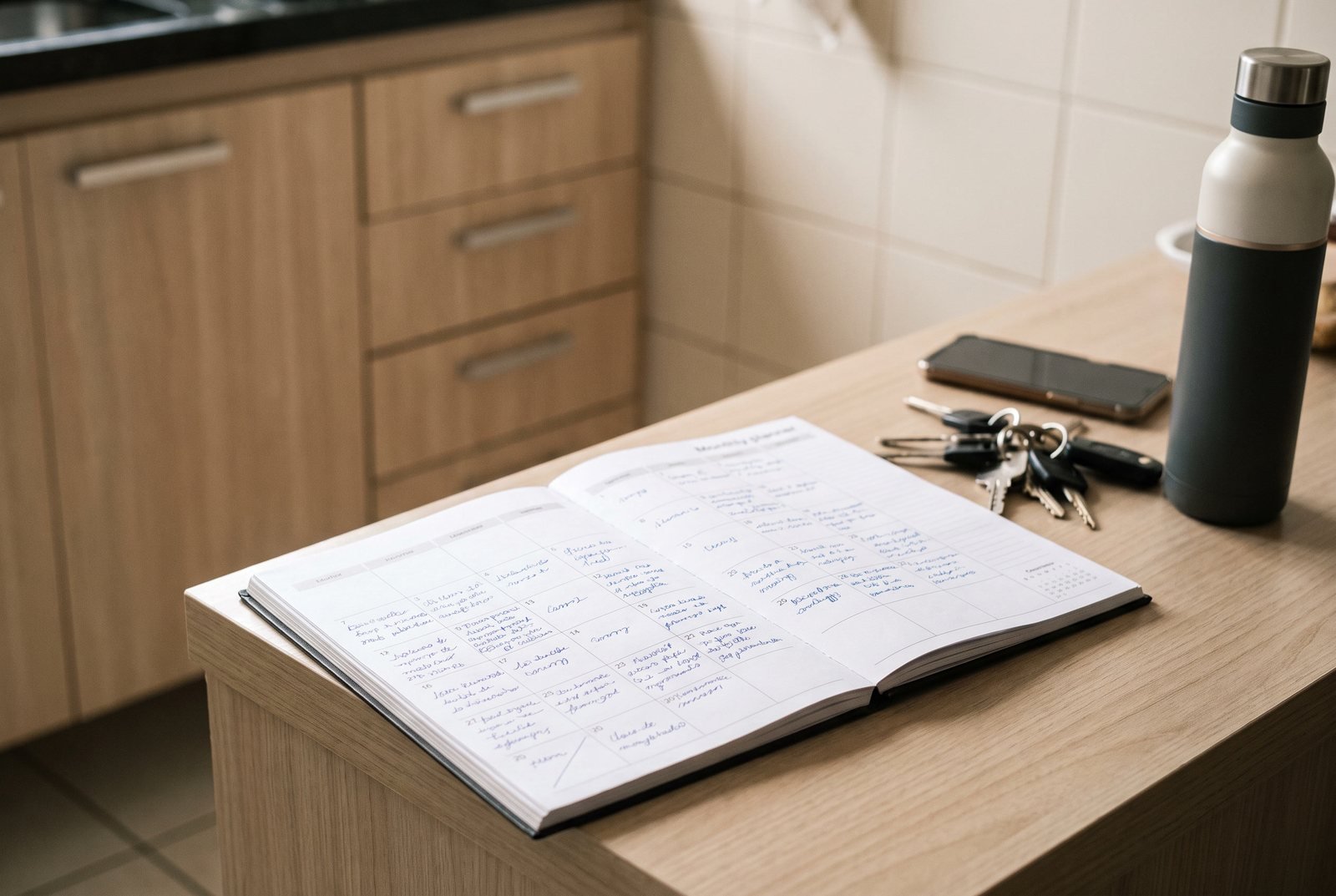 Planner mensal aberto sobre a bancada da cozinha, com compromissos anotados à mão ao longo de toda a semana, ao lado das chaves e do celular da casa.